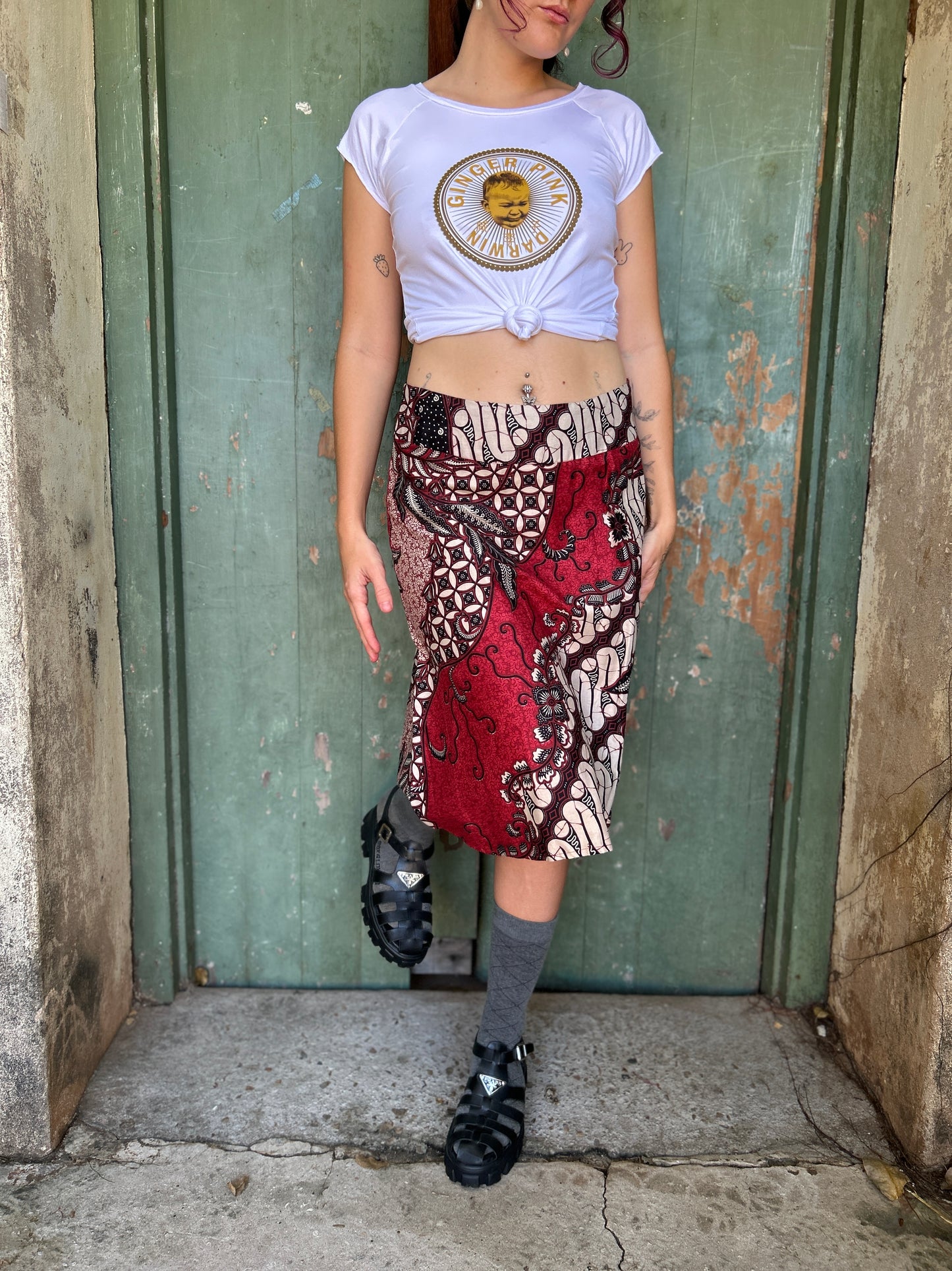 Red Swirl A-Line Skirt: below Knee length
