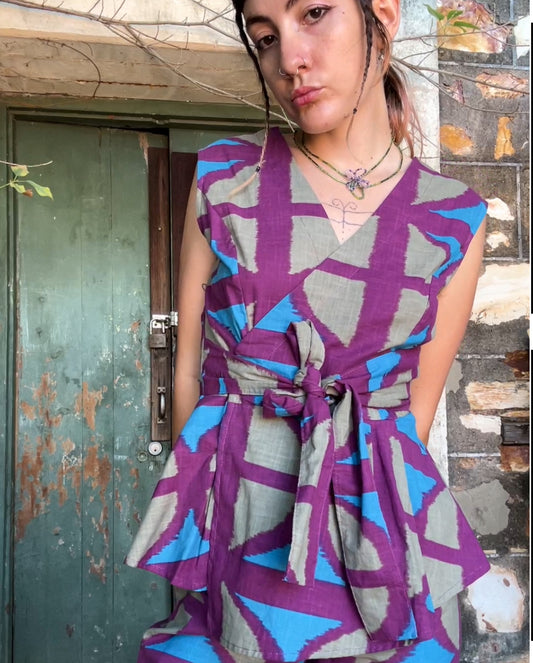 Long cotton Wrap Top in Original Breezeblock Print