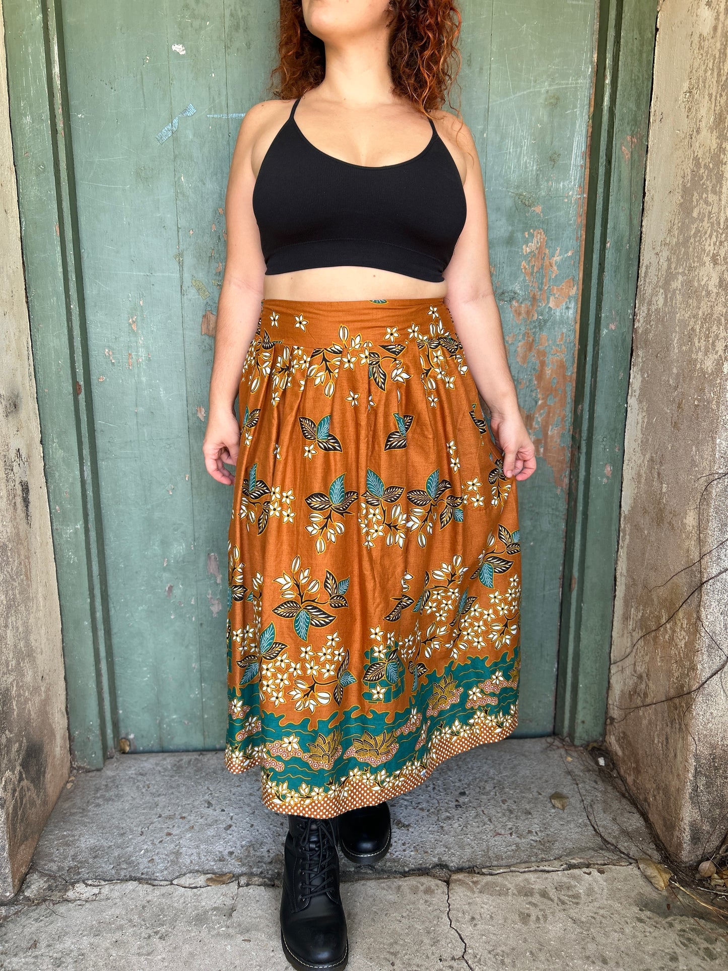 Midi to the MAX Skirt in cinnamon teal floral print