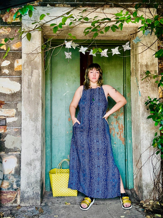 Hi-Lo dress in Blue Geo print