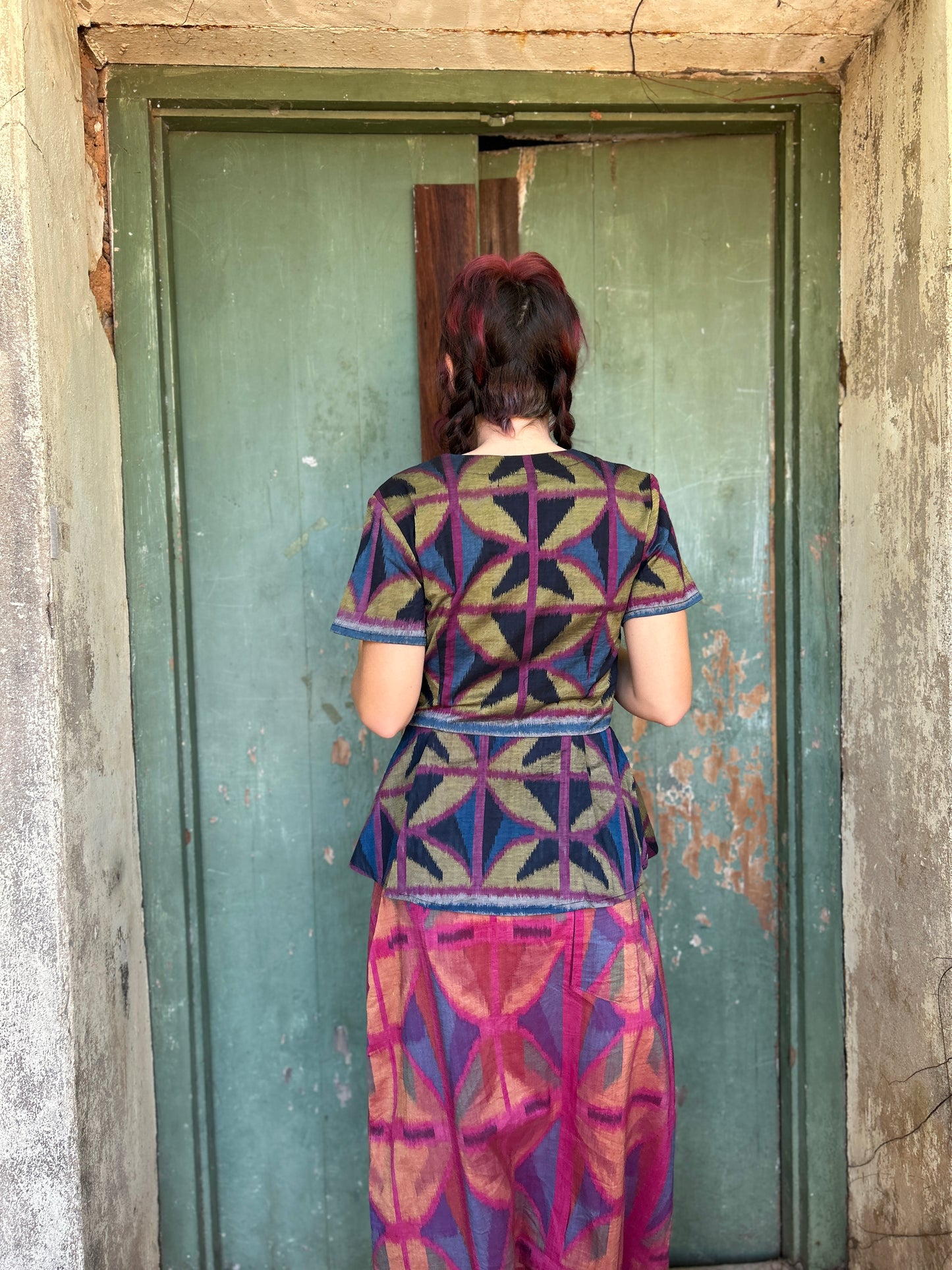 Ikat Long Wrap Top in 4 colour Breezeblock motif