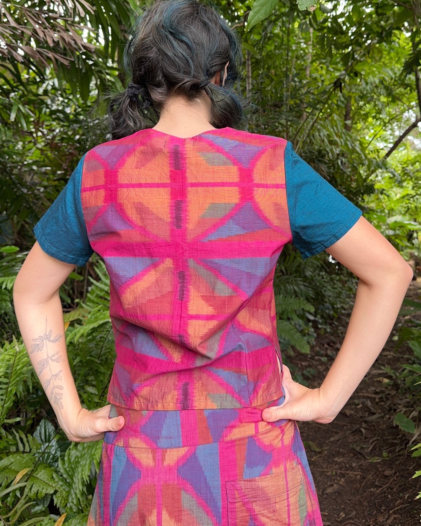 Shortsleeve Vest Top in 8 colour Hot Pink Handwoven Ikat