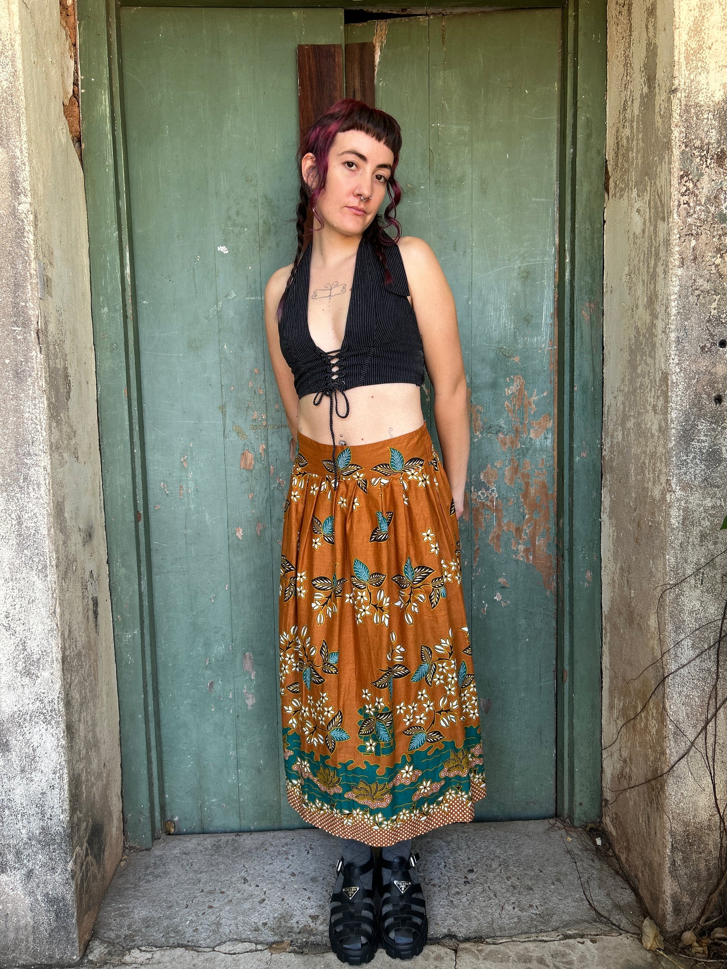 Midi to the MAX Skirt in cinnamon teal floral print