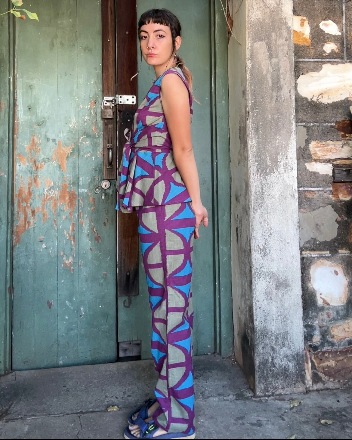 Long cotton Wrap Top in Original Breezeblock Print