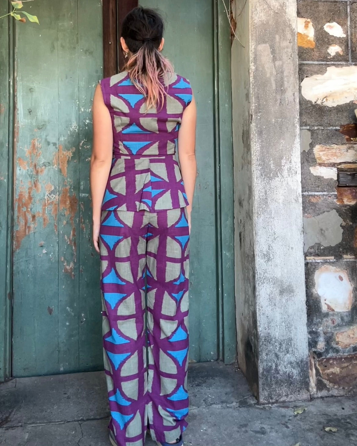 Long cotton Wrap Top in Original Breezeblock Print