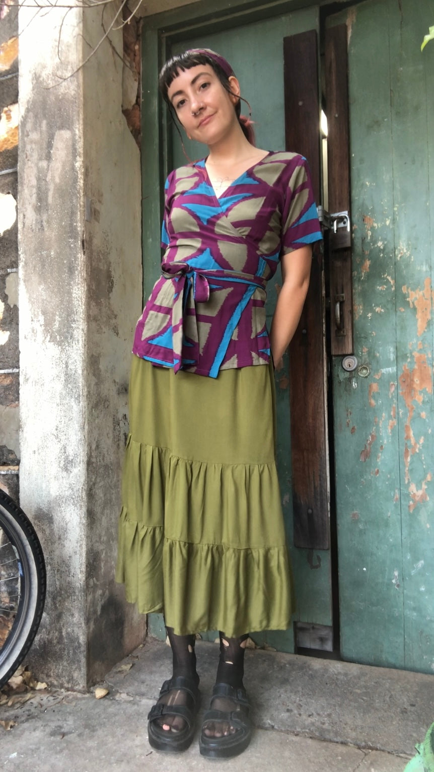 Breezeblock Print Long Wrap Top in Rayon Viscose