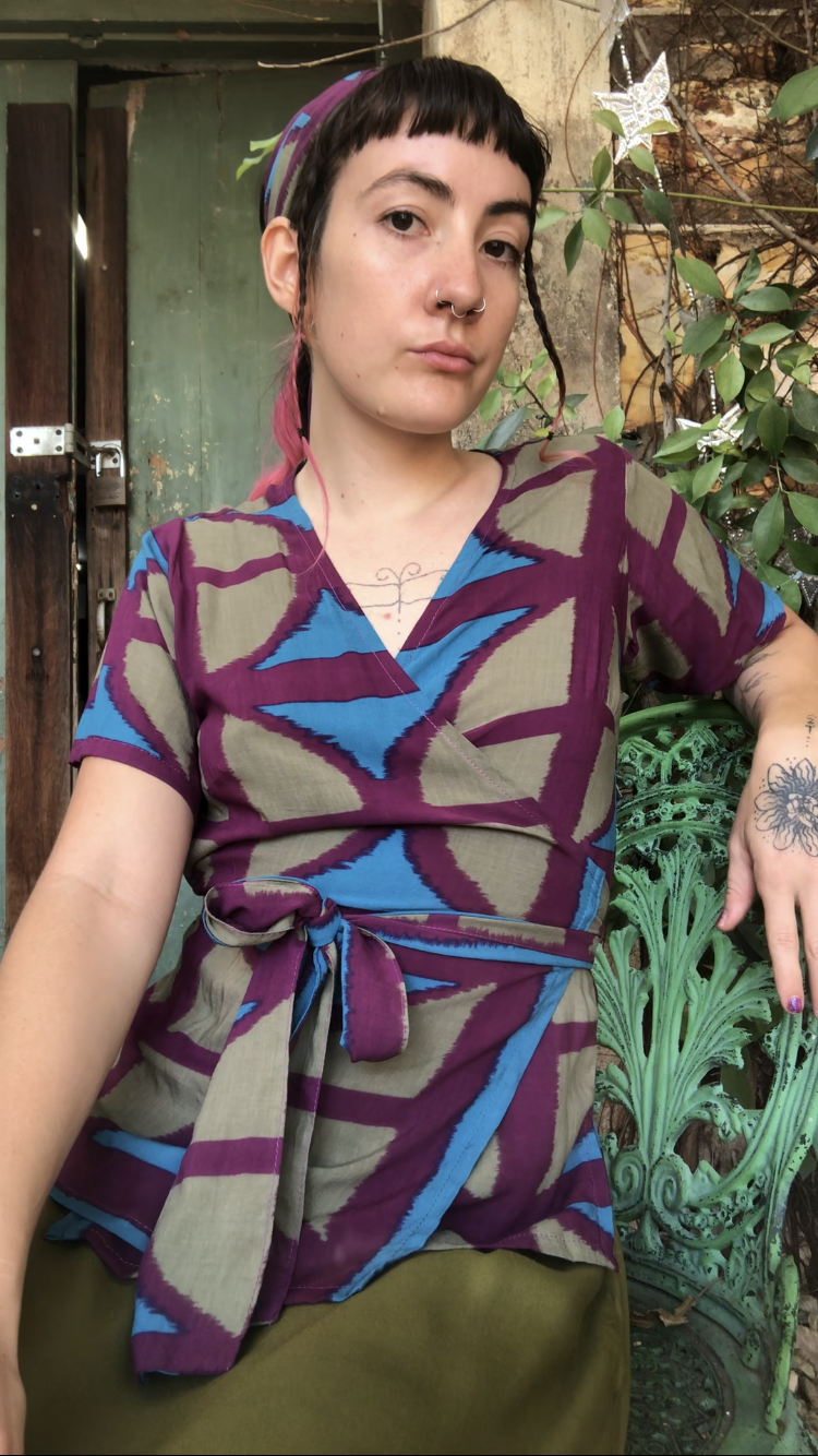 Breezeblock Print Long Wrap Top in Rayon Viscose