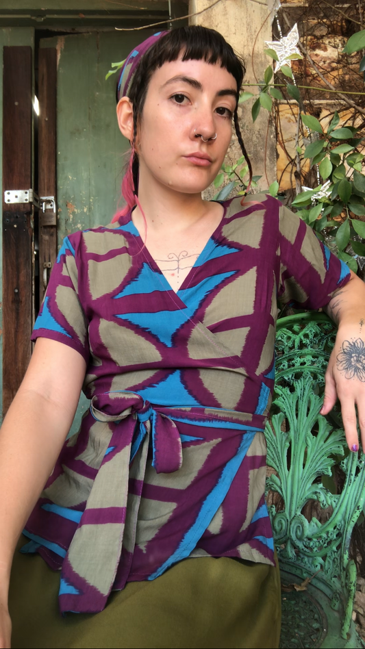 Breezeblock Print Long Wrap Top in Rayon Viscose