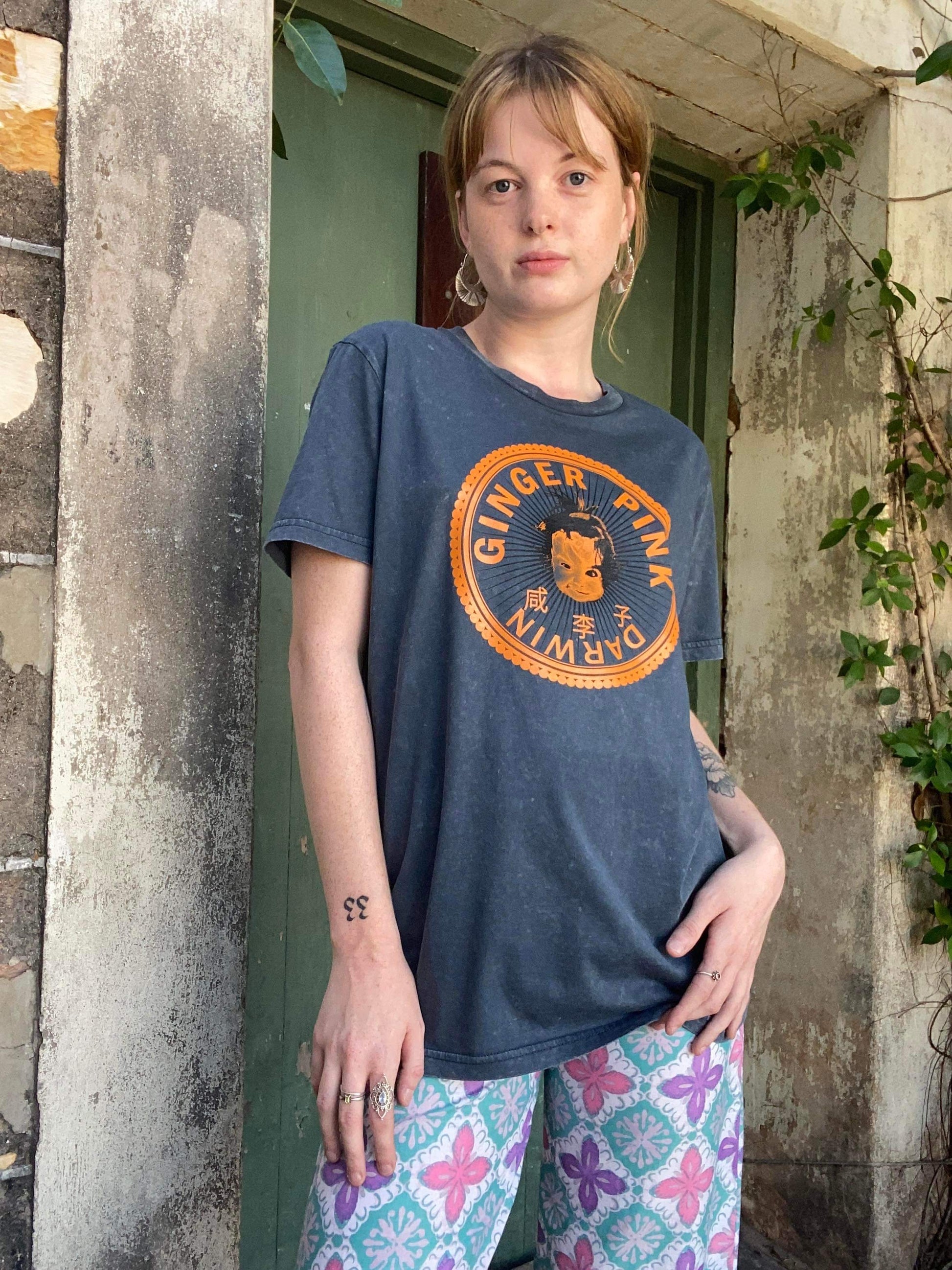 GP (Girl Logo) Unisex Tee Garment Dyed -Vintage India Ink Grey - Ginger Pink Darwin - ethical fashion - darwin clothing shop - darwin clothing store - darwin fashion