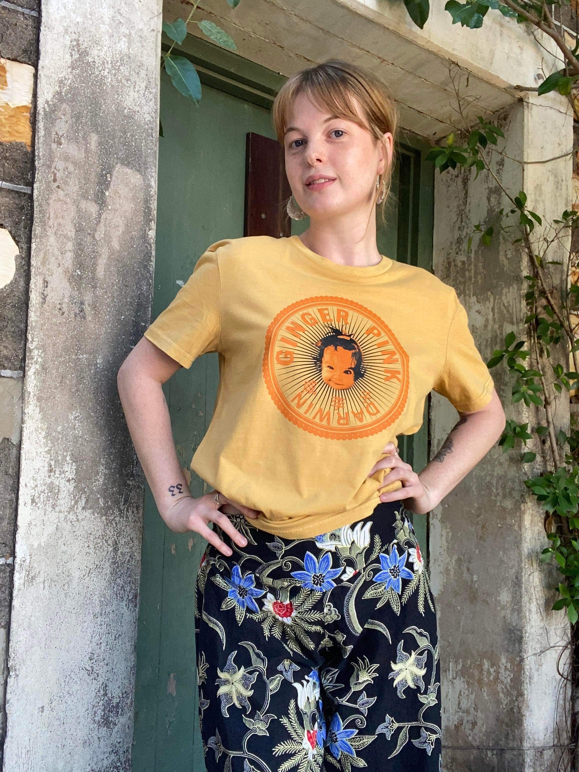 GP (Girl Logo) Unisex Tee, Garment Dyed -Vintage Ochre - Ginger Pink Darwin - ethical fashion - darwin clothing shop - darwin clothing store - darwin fashion