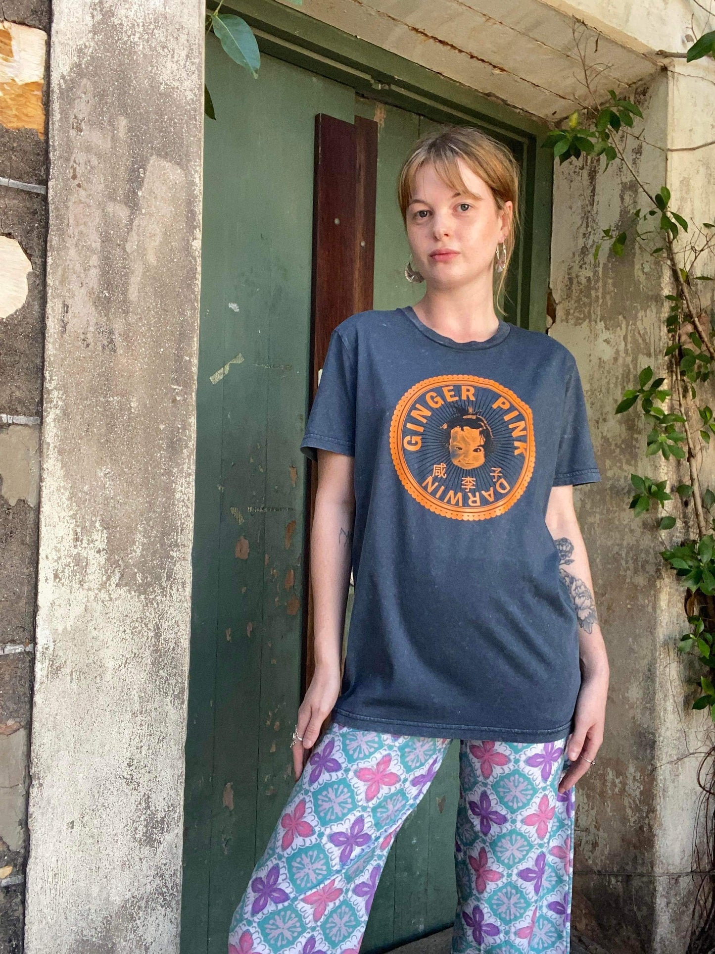 GP (Girl Logo) Unisex Tee Garment Dyed -Vintage India Ink Grey - Ginger Pink Darwin - ethical fashion - darwin clothing shop - darwin clothing store - darwin fashion