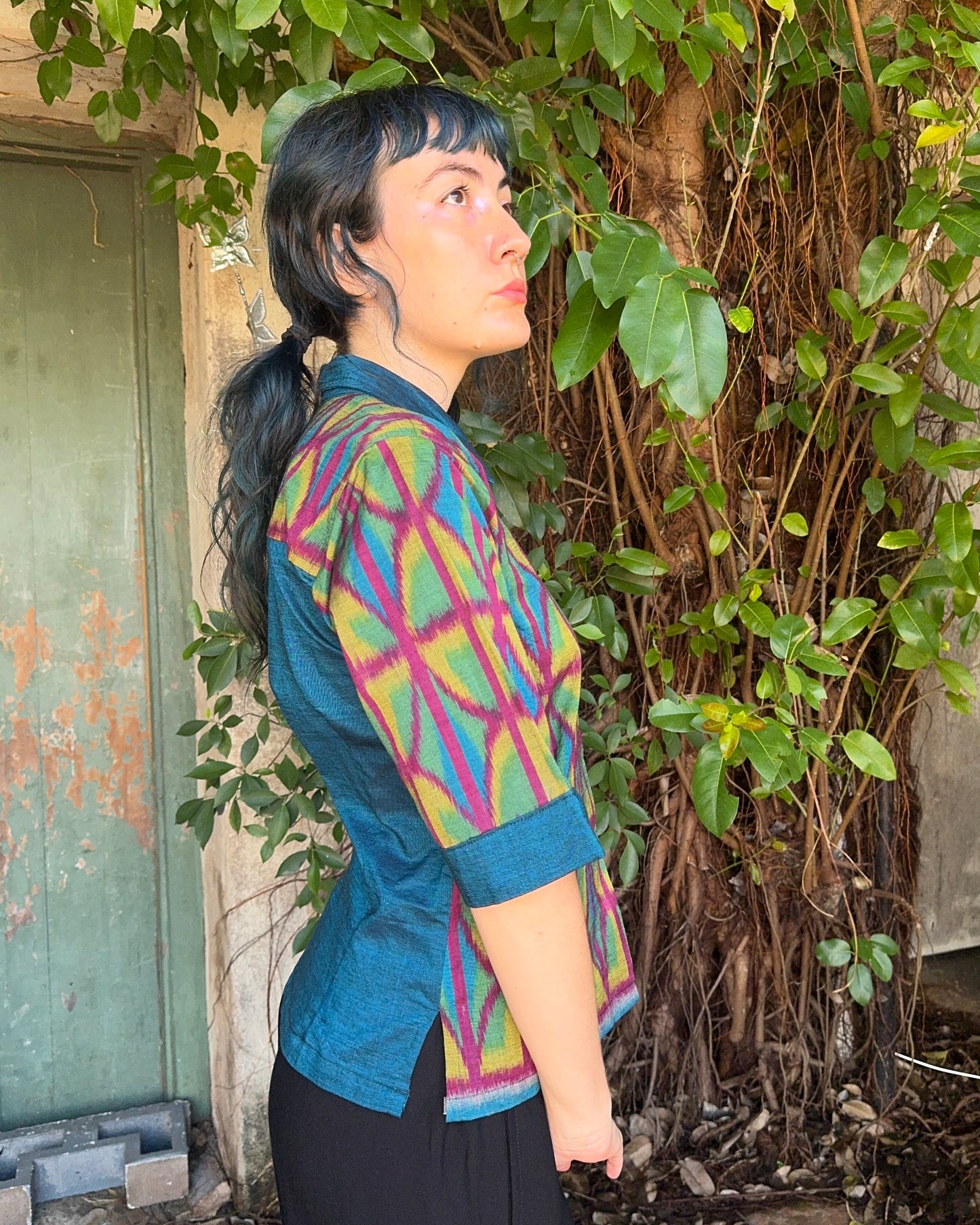 Ikat Button Up Top in 4 colour Green