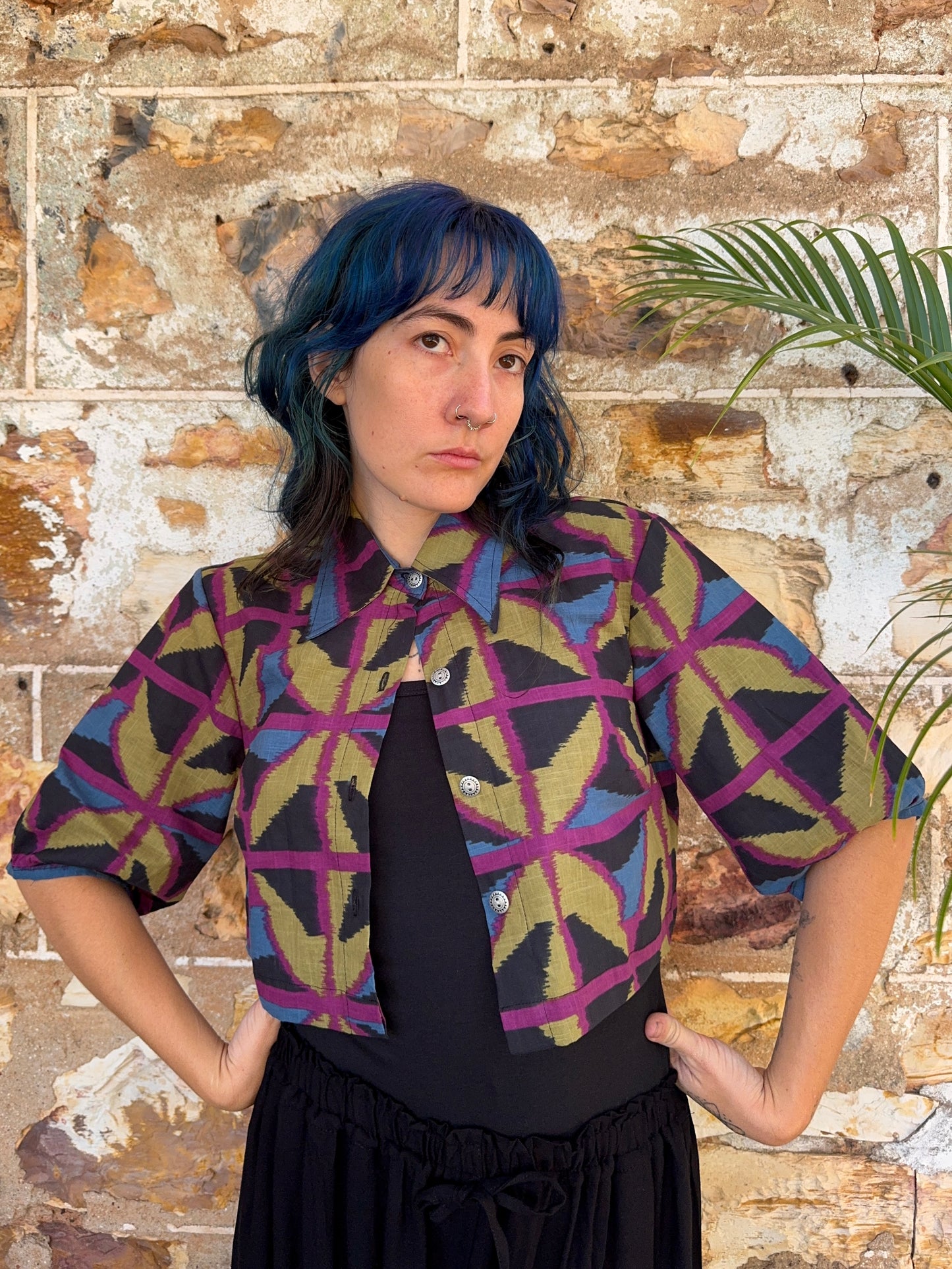 Collared Puffy Crop Shirt in Jewel Spider