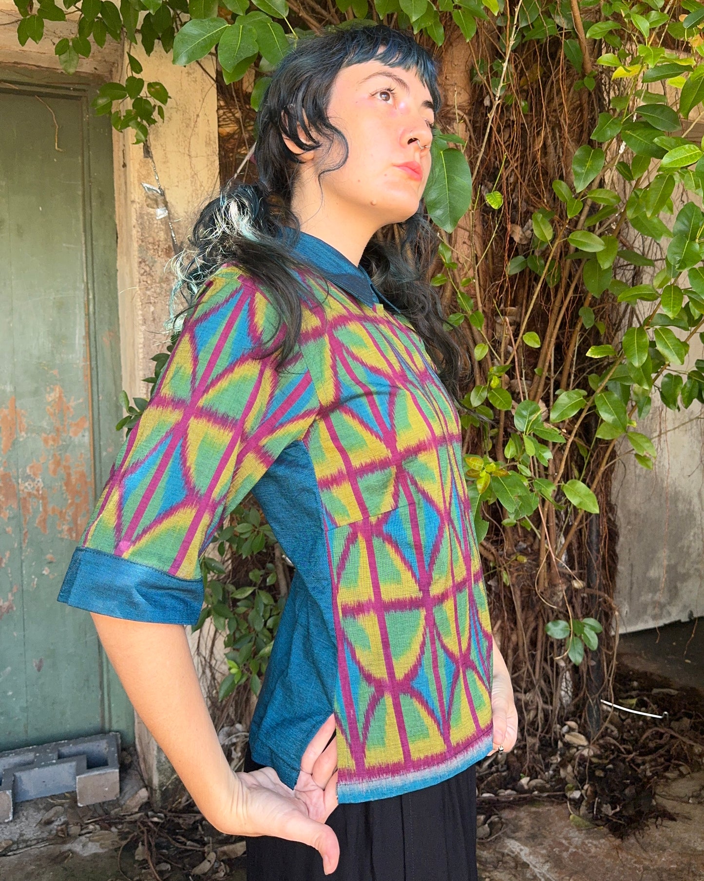 Ikat Button Up Top in 4 colour Green