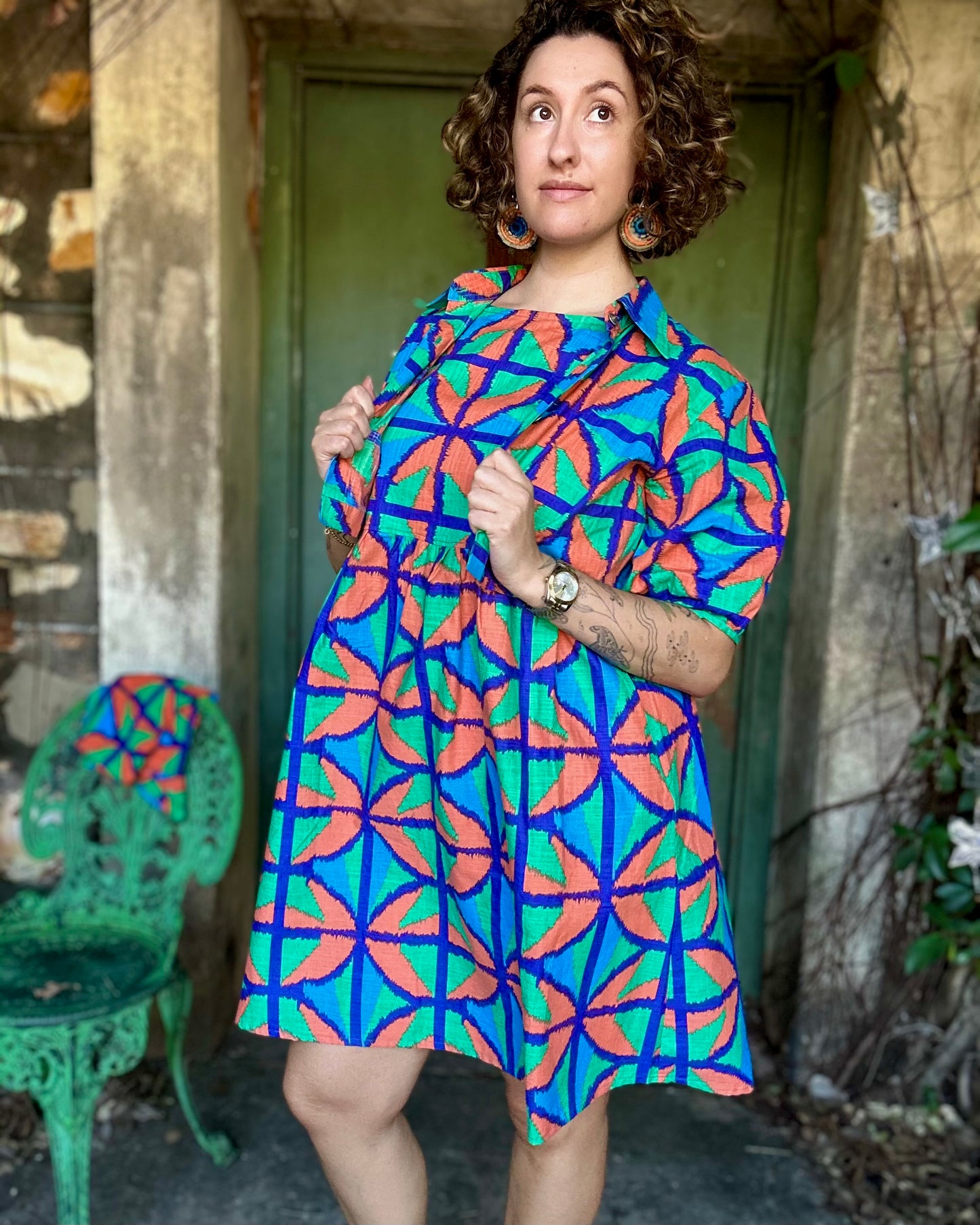 Collared Puffy Crop Shirt in Jungle Juice