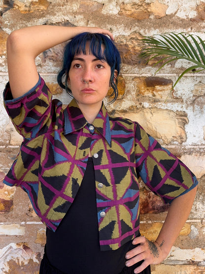 Collared Puffy Crop Shirt in Jewel Spider