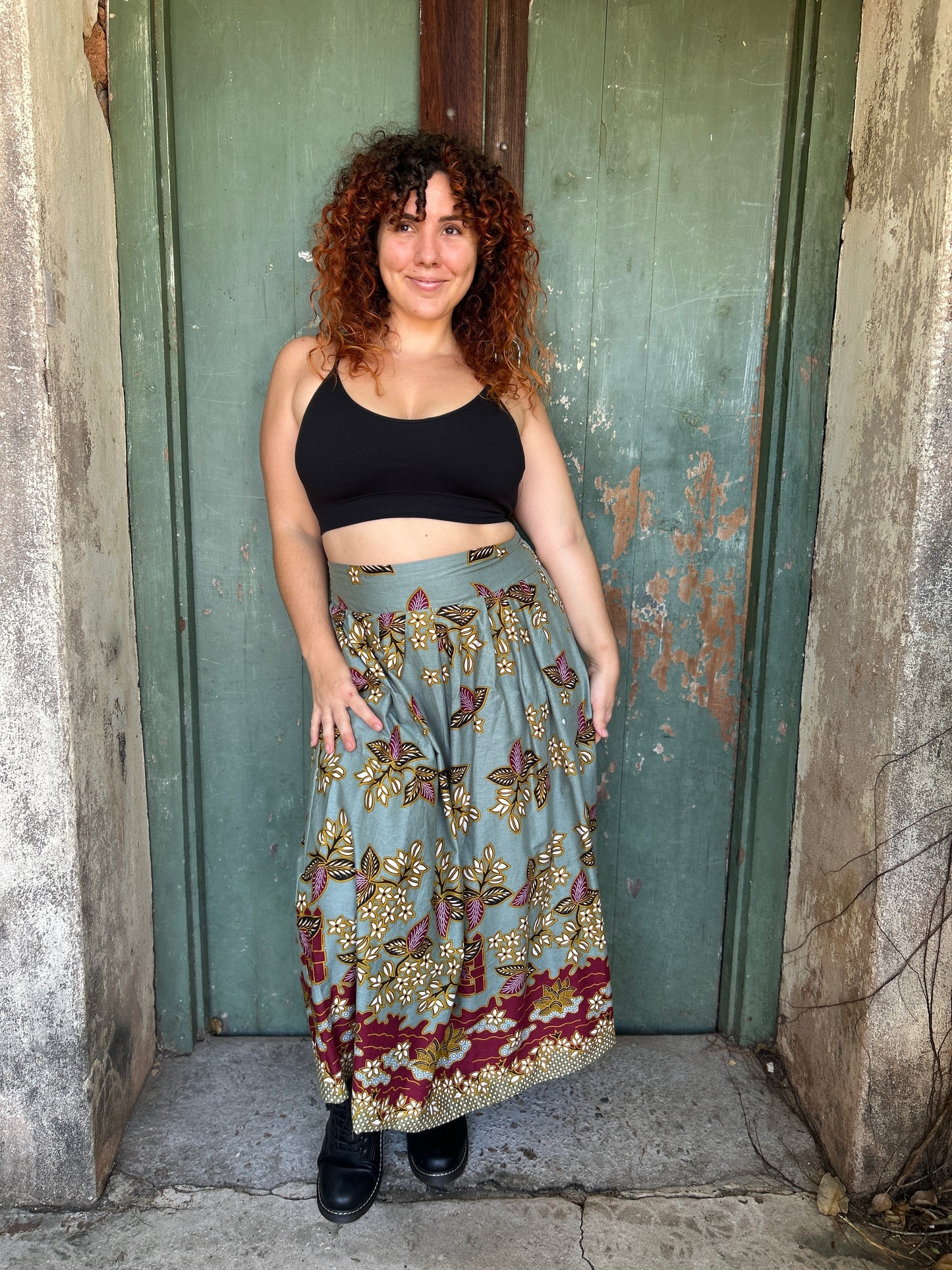 Midi to the MAX Skirt in soft teal and burgundy print