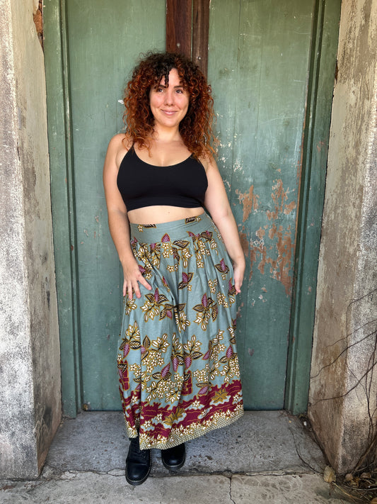 Midi to the MAX Skirt in soft teal and burgundy print