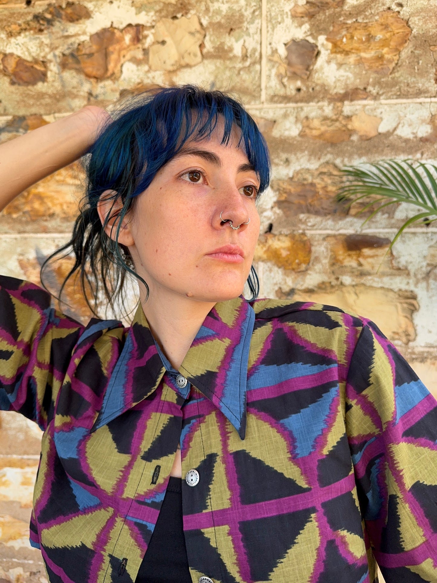 Collared Puffy Crop Shirt in Jewel Spider