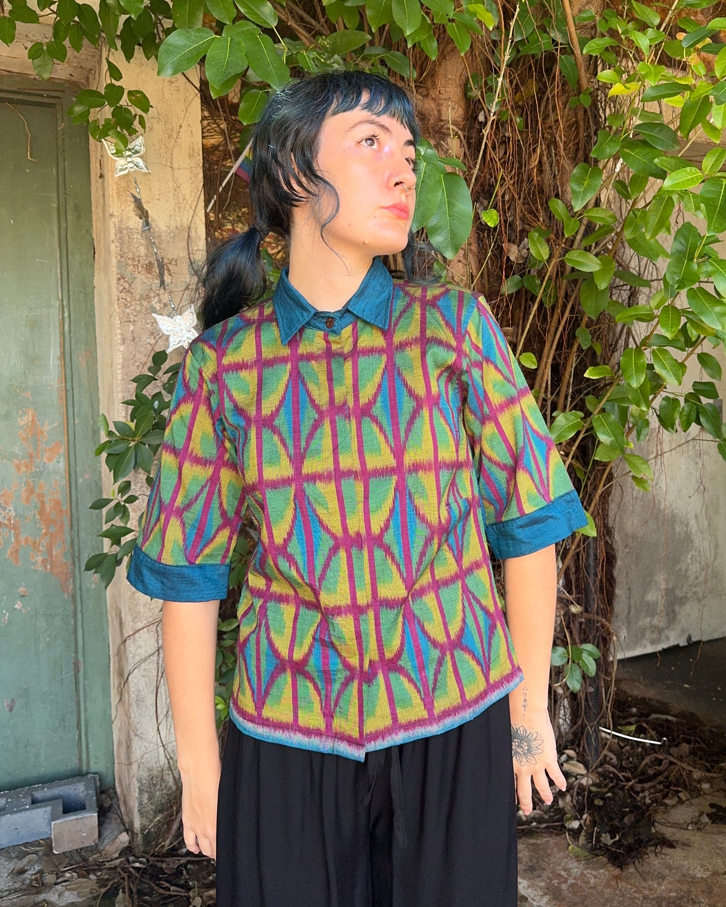 Ikat Button Up Top in 4 colour Green