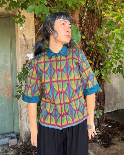 Ikat Button Up Top in 4 colour Green