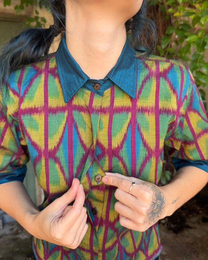 Ikat Button Up Top in 4 colour Green