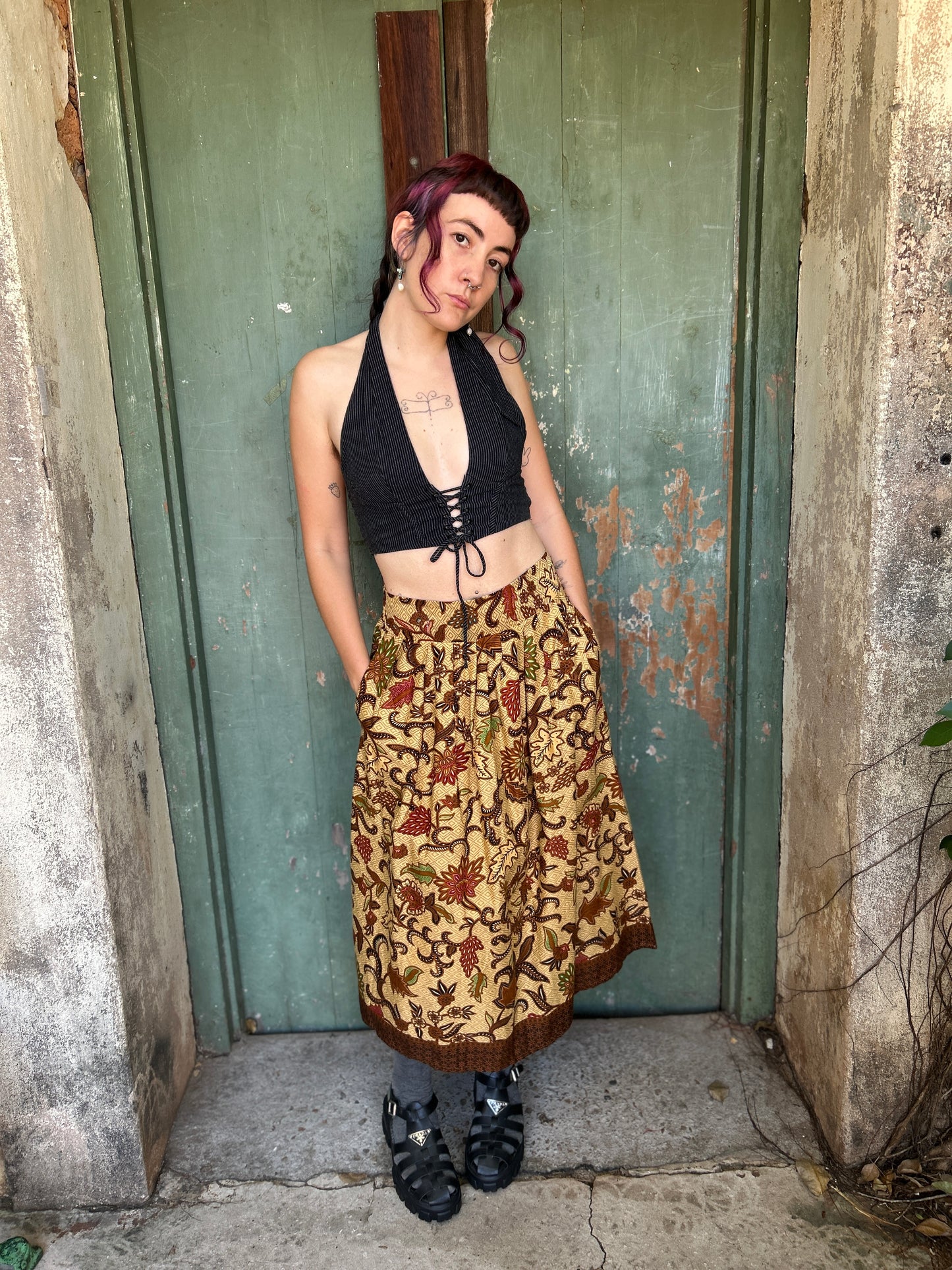 Midi to the MAX Skirt in golden brown floral print