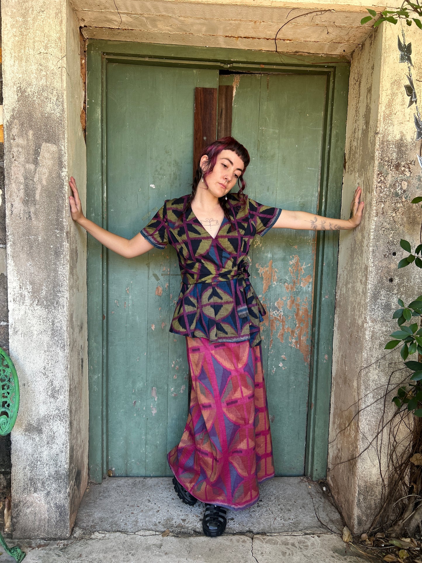 Ikat Long Wrap Top in 4 colour Breezeblock motif