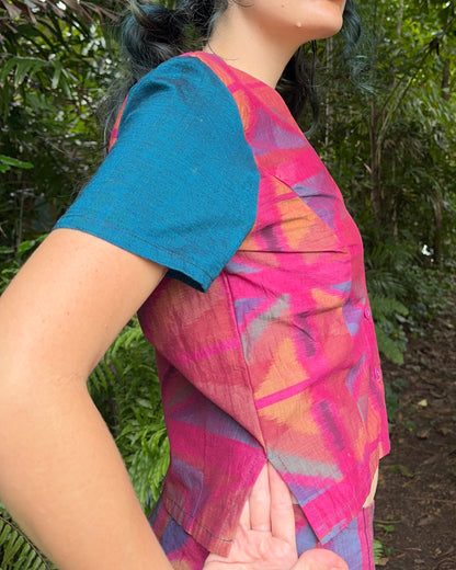 Shortsleeve Vest Top in 8 colour Hot Pink Handwoven Ikat