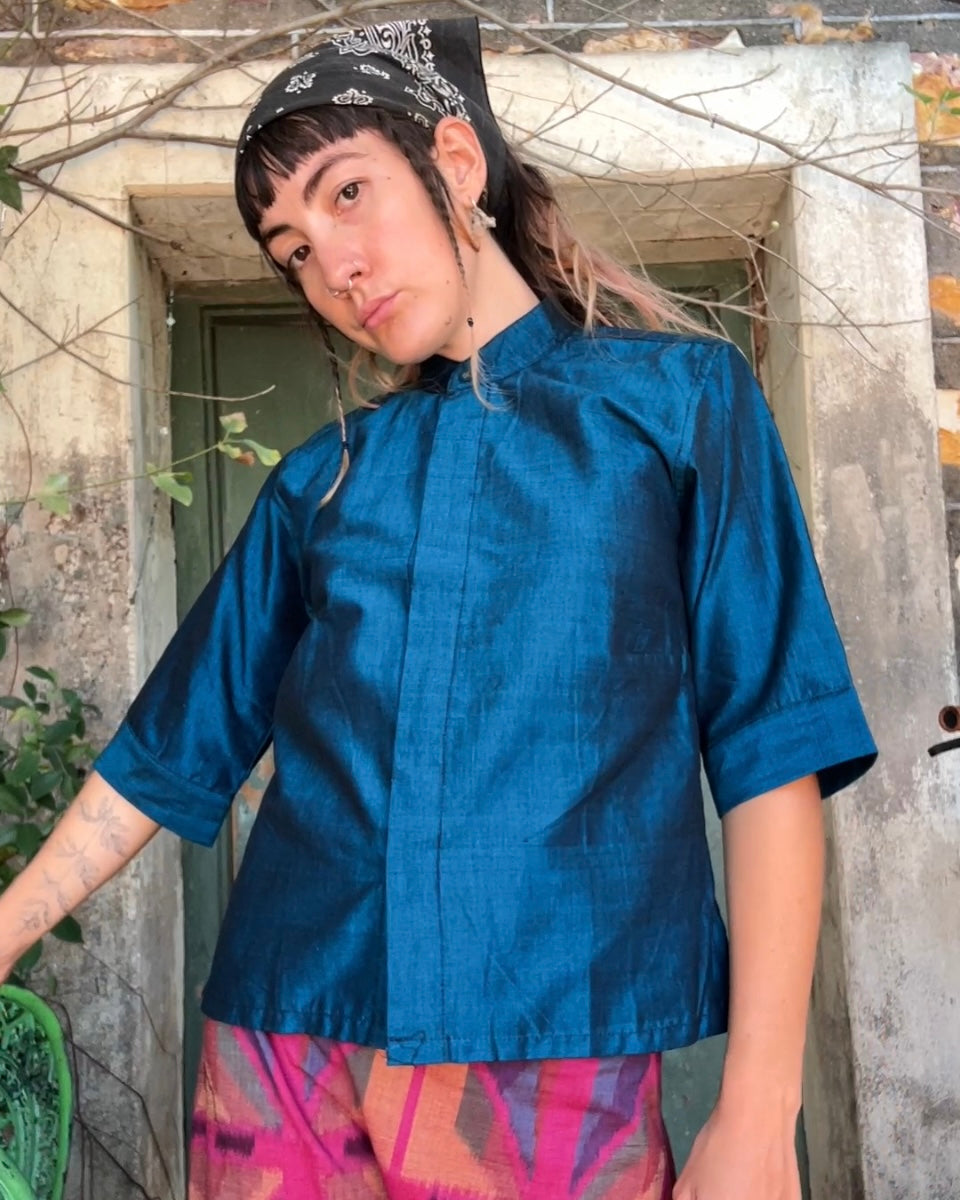 Metallic Blue Ikat Button Up Top