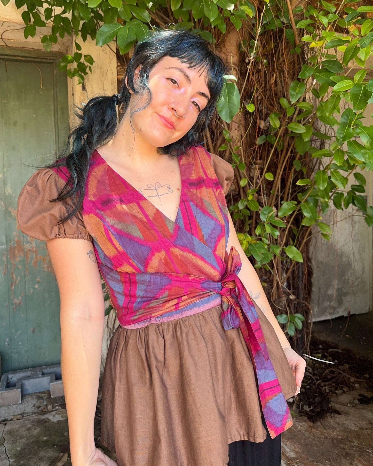 Puffy Brown Ikat Wrap Top