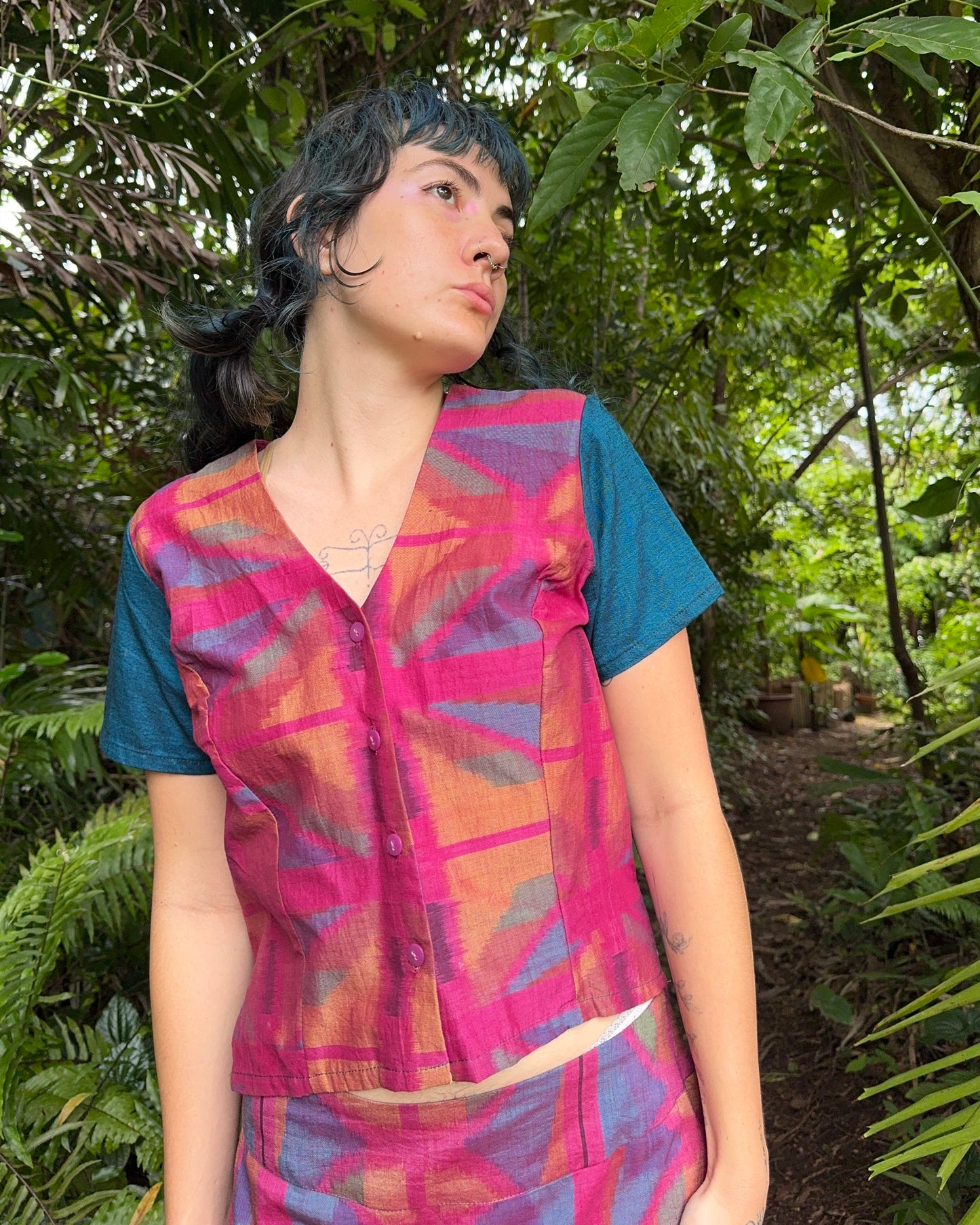Shortsleeve Vest Top in 8 colour Hot Pink Handwoven Ikat