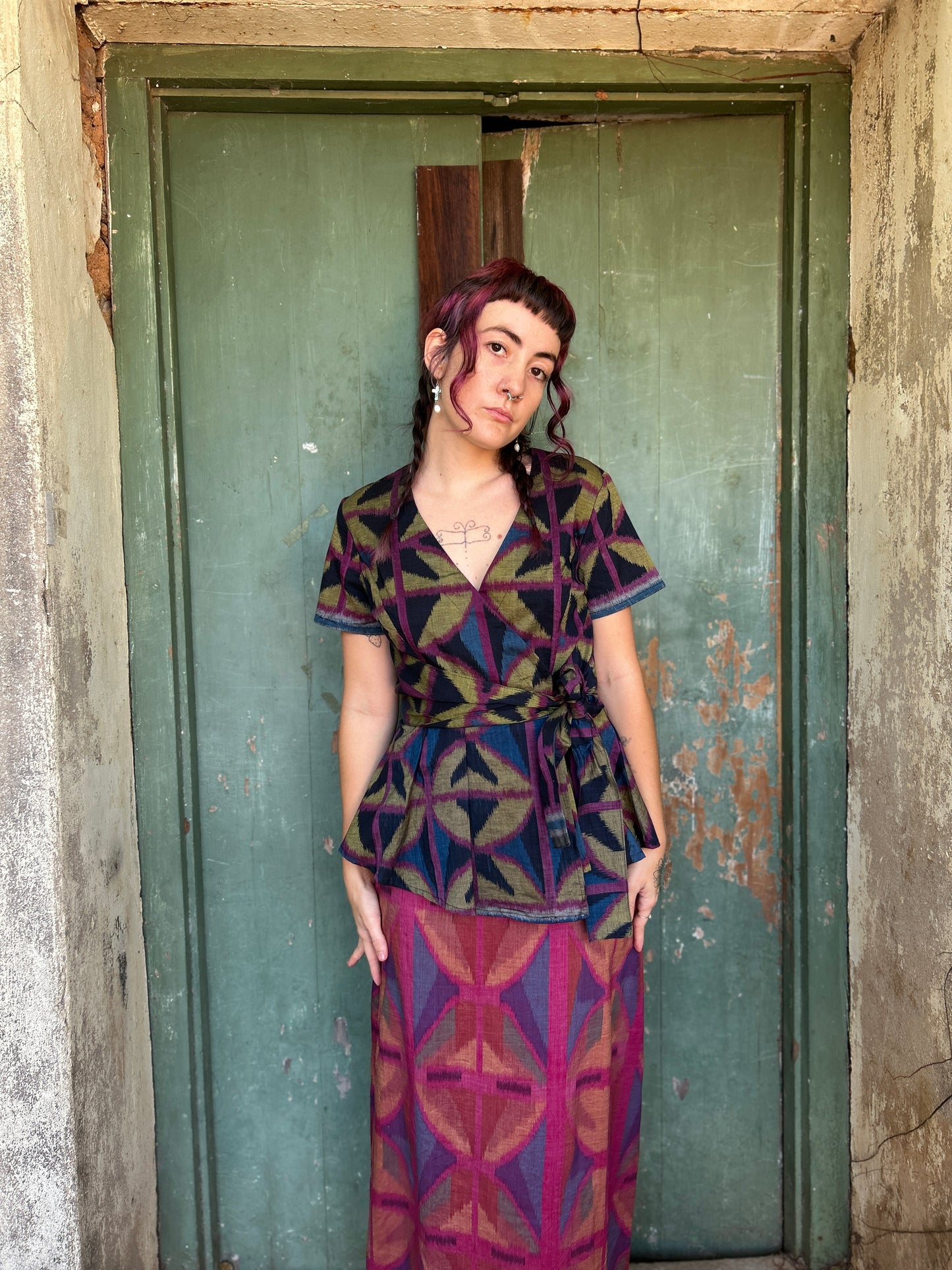 Ikat Long Wrap Top in 4 colour Breezeblock motif