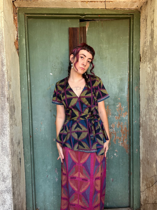 Ikat Long Wrap Top in 4 colour Breezeblock motif