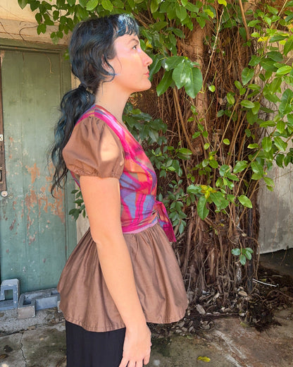 Puffy Brown Ikat Wrap Top