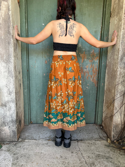 Midi to the MAX Skirt in cinnamon teal floral print