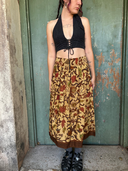 Midi to the MAX Skirt in golden brown floral print