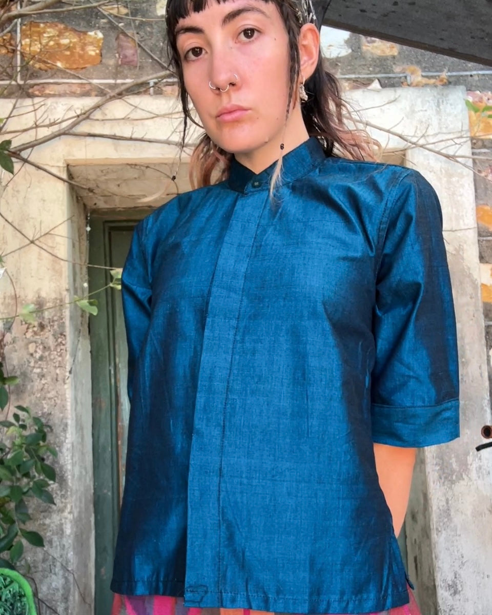 Metallic Blue Ikat Button Up Top