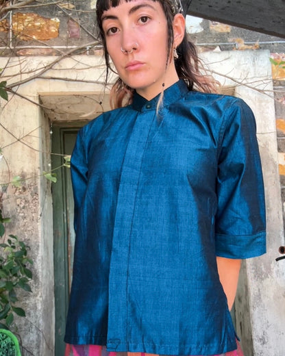 Metallic Blue Ikat Button Up Top