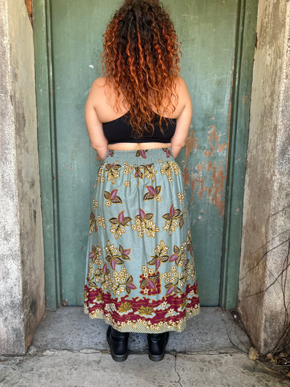 Midi to the MAX Skirt in soft teal and burgundy print