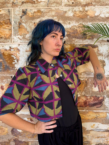 Collared Puffy Crop Shirt in Jewel Spider
