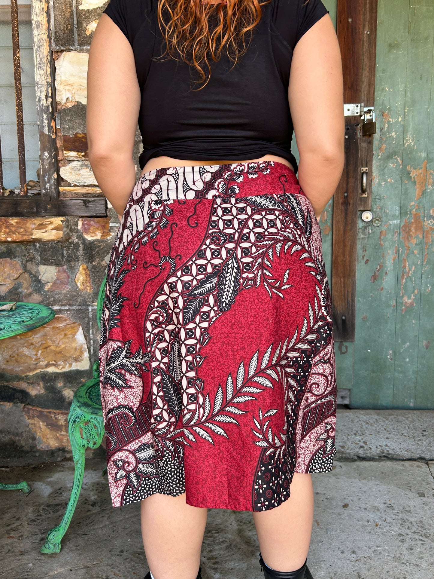 Red Swirl A-Line Skirt: below Knee length