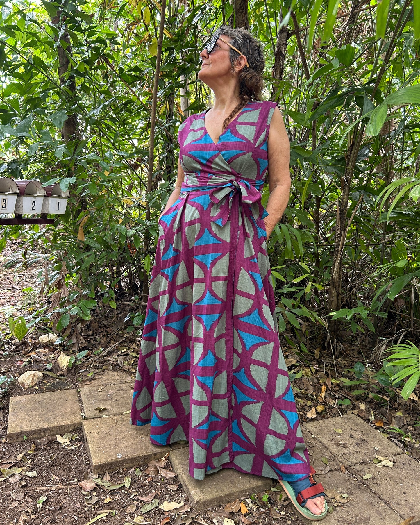 Long Sleeveless Wrap Dress in Original BreezeBlock