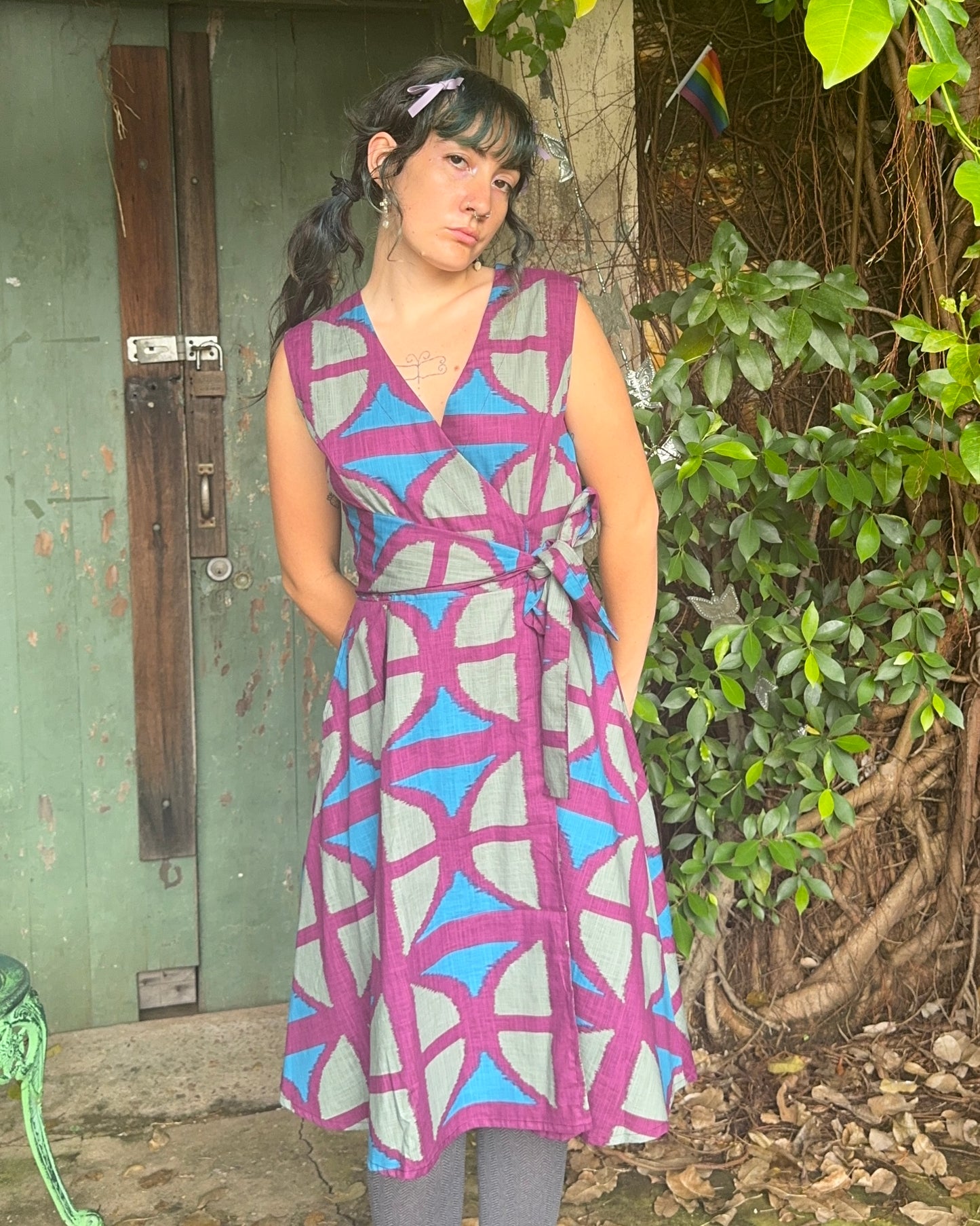 Knee Length Sleeveless Wrap Dress in Original BreezeBlock