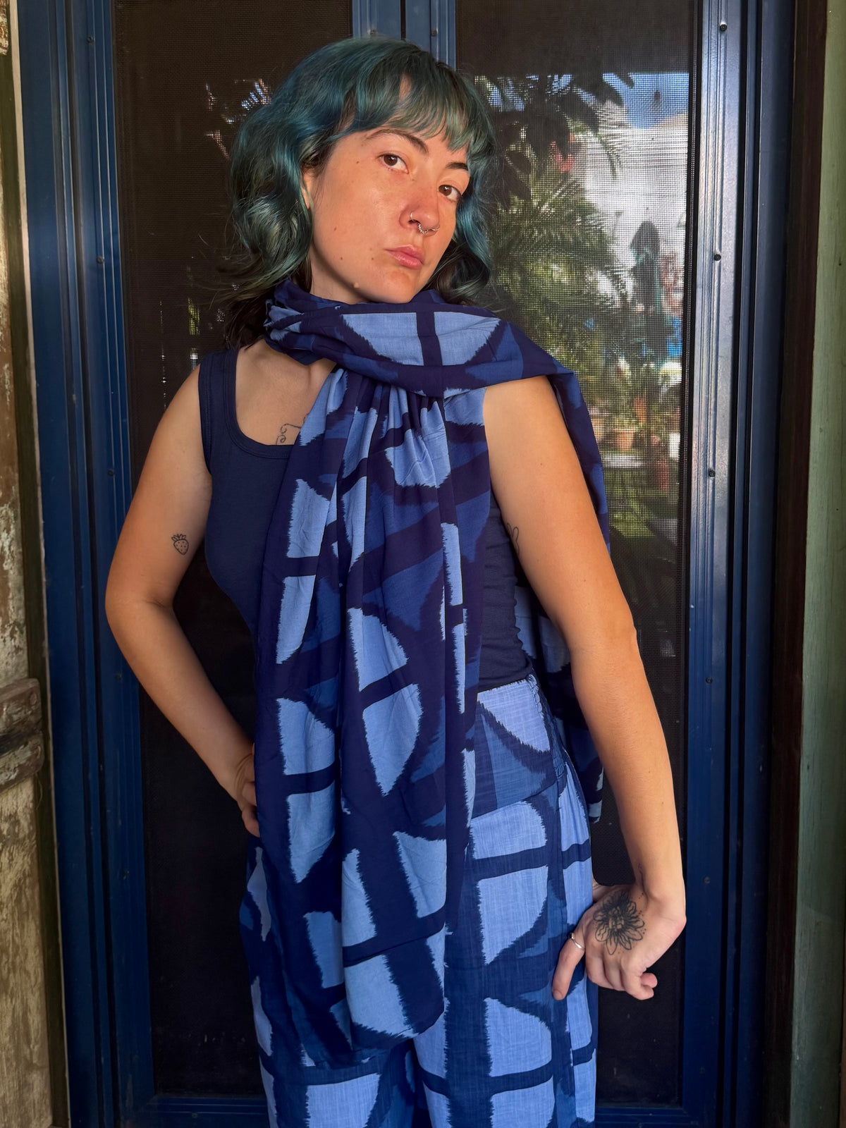Breezeblock Shawl/ Half Sarong in Mood Indigo