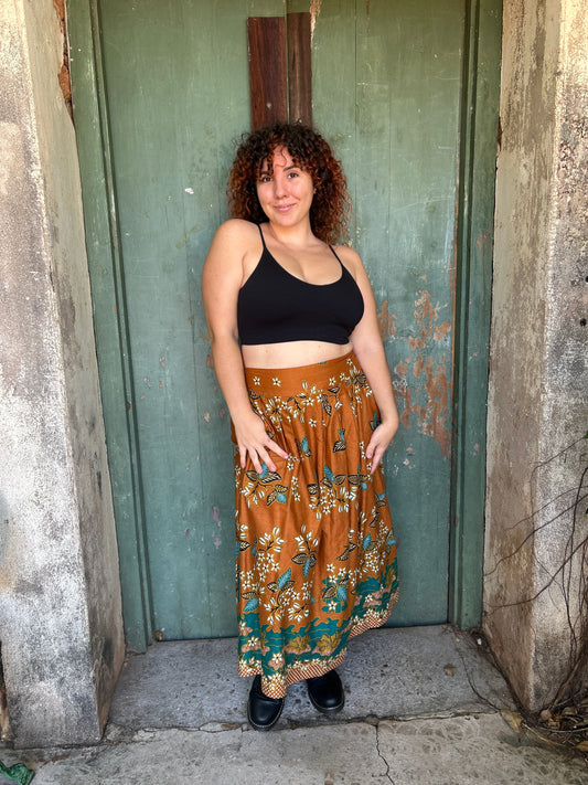 Midi to the MAX Skirt in cinnamon teal floral print