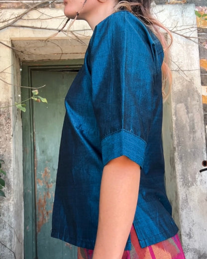 Metallic Blue Ikat Button Up Top