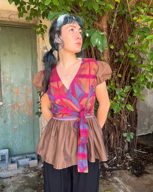 Puffy Brown Ikat Wrap Top
