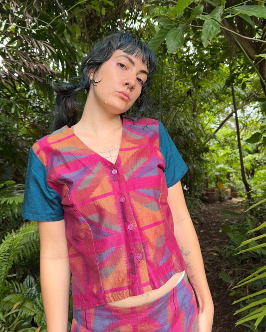 Shortsleeve Vest Top in 8 colour Hot Pink Handwoven Ikat