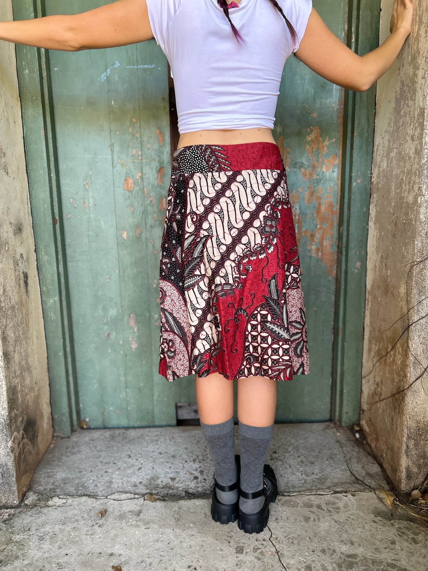 Red Swirl A-Line Skirt: below Knee length